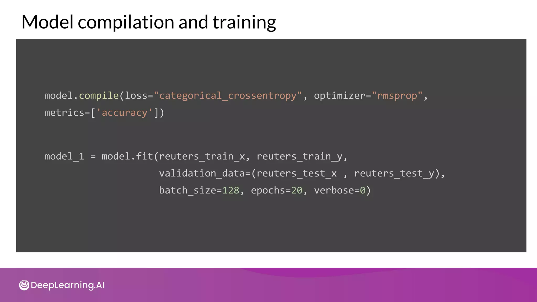 Model compilation and training
model.compile(loss="categorical_crossentropy", optimizer="rmsprop",
metrics=['accuracy'])
model_1 = model.fit(reuters_train_x, reuters_train_y,
validation_data=(reuters_test_x , reuters_test_y),
batch_size=128, epochs=20, verbose=0)
 