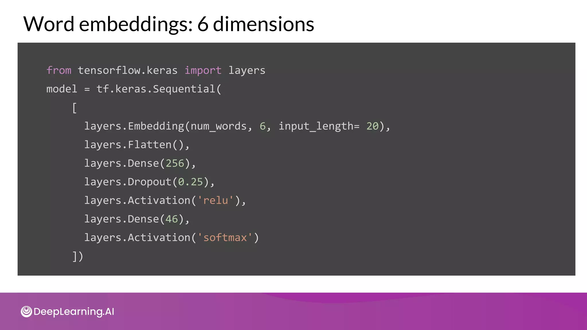 Word embeddings: 6 dimensions
from tensorflow.keras import layers
model = tf.keras.Sequential(
[
layers.Embedding(num_words, 6, input_length= 20),
layers.Flatten(),
layers.Dense(256),
layers.Dropout(0.25),
layers.Activation('relu'),
layers.Dense(46),
layers.Activation('softmax')
])
 