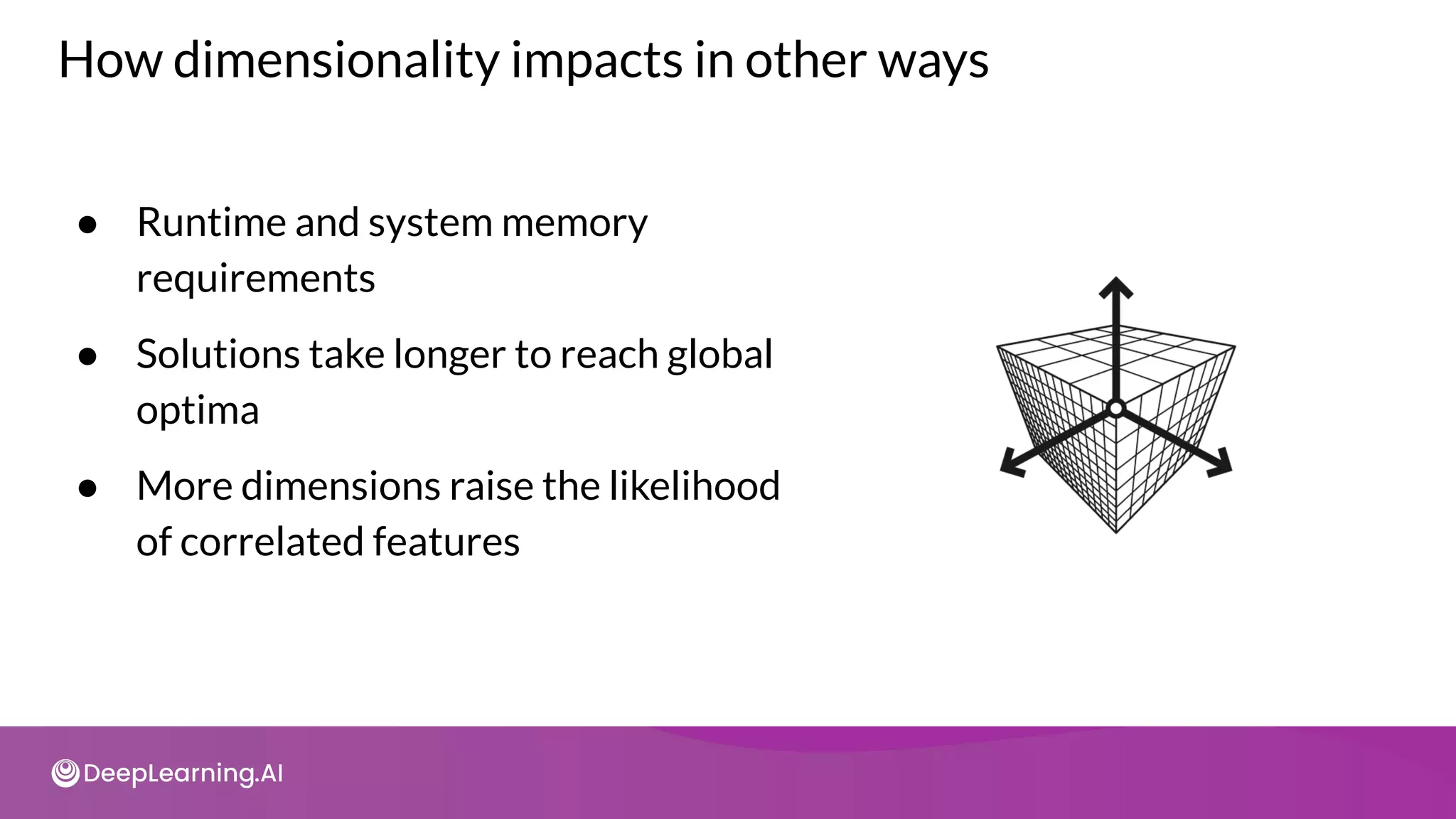 How dimensionality impacts in other ways
● Runtime and system memory
requirements
● Solutions take longer to reach global
optima
● More dimensions raise the likelihood
of correlated features
 