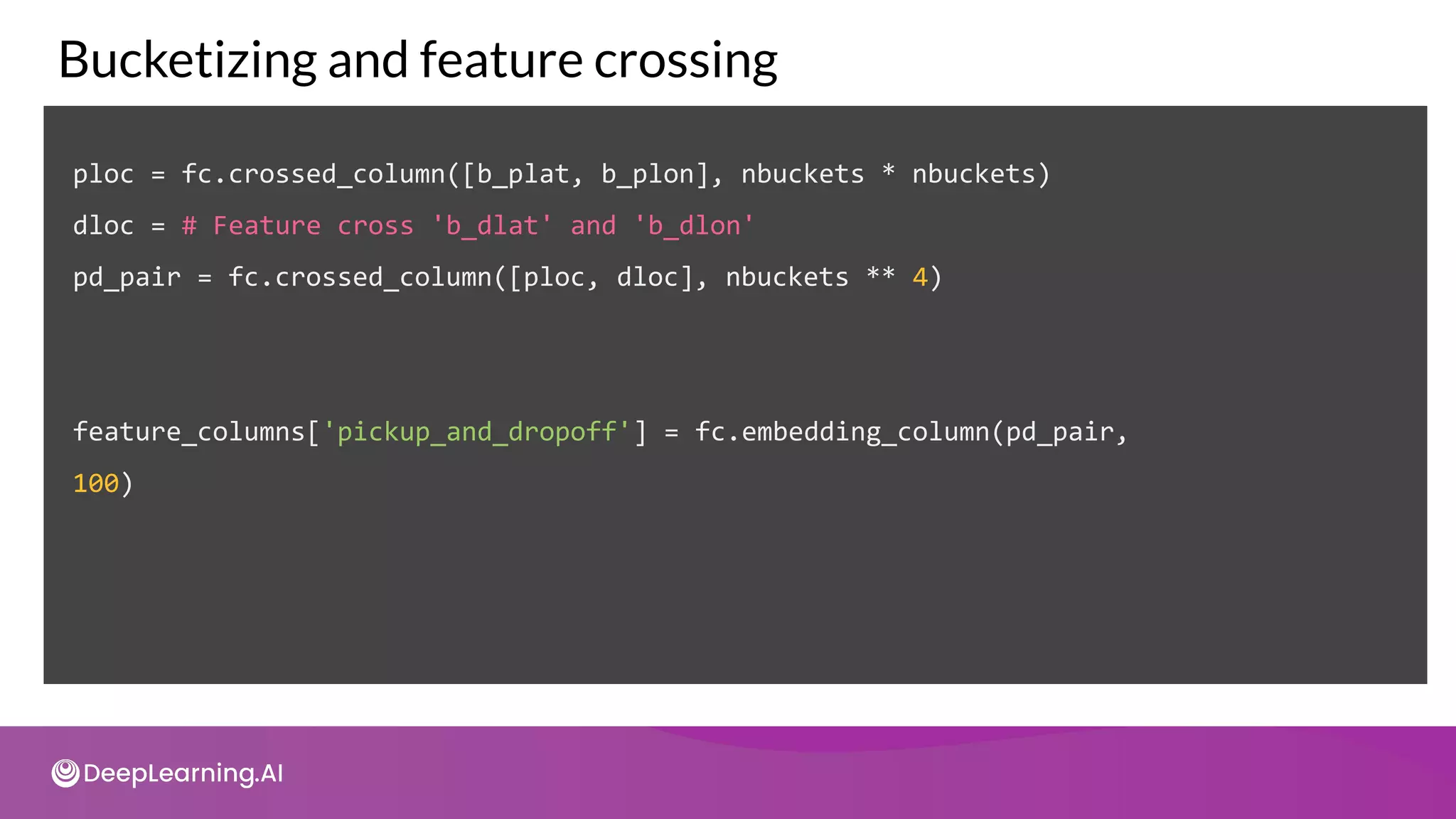ploc = fc.crossed_column([b_plat, b_plon], nbuckets * nbuckets)
dloc = # Feature cross 'b_dlat' and 'b_dlon'
pd_pair = fc.crossed_column([ploc, dloc], nbuckets ** 4)
feature_columns['pickup_and_dropoff'] = fc.embedding_column(pd_pair,
100)
Bucketizing and feature crossing
 