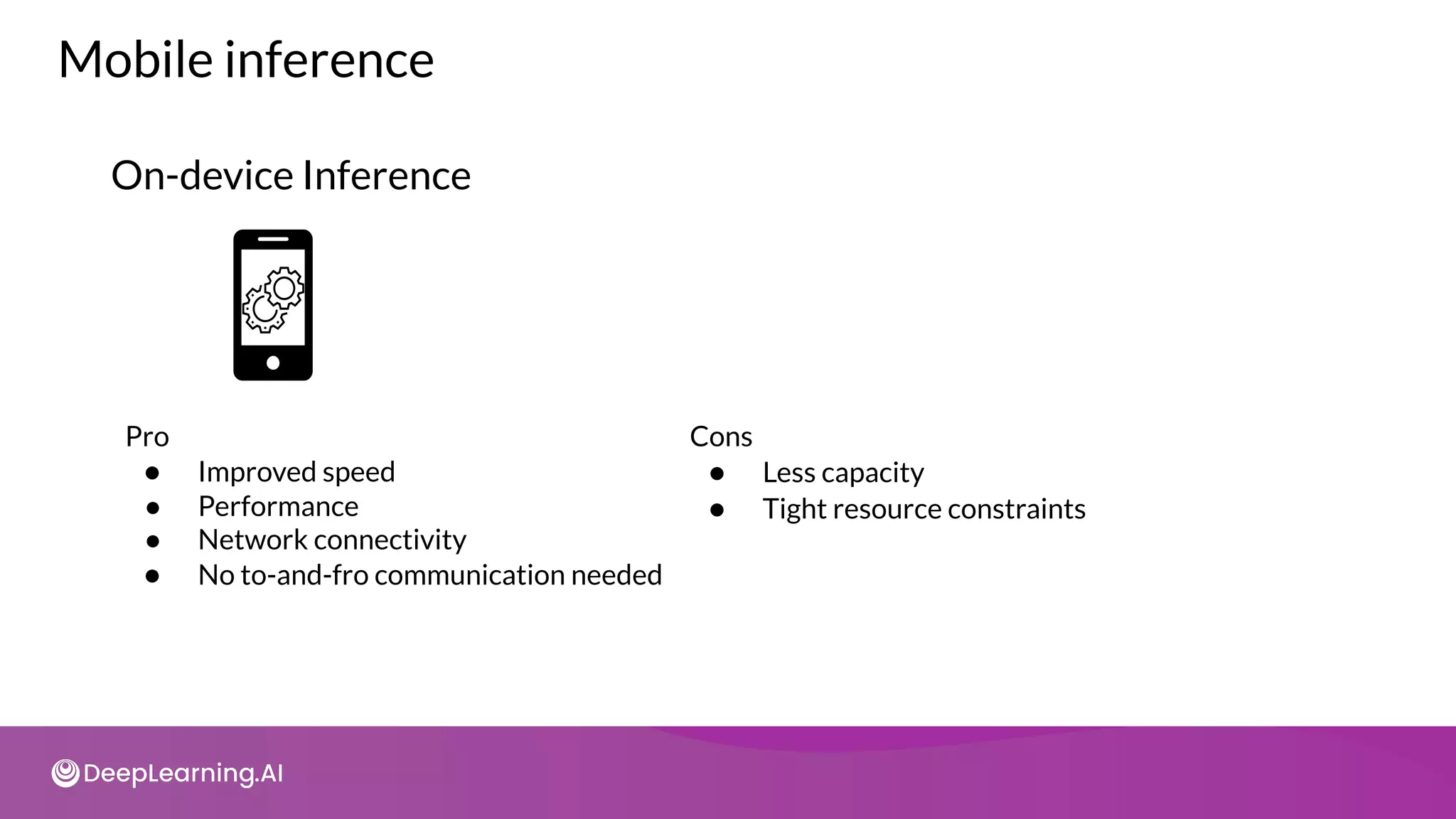 Pro
● Improved speed
● Performance
● Network connectivity
● No to-and-fro communication needed
On-device Inference
Mobile inference
Cons
● Less capacity
● Tight resource constraints
 