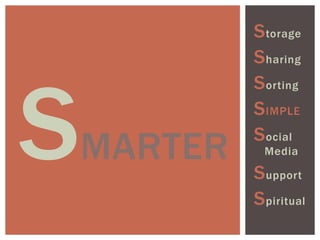 Storage
Sharing
Sorting
SIMPLE
Social
Media
Support
Spiritual
MARTER
 