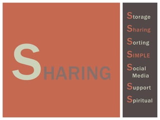 HARING
Storage
Sharing
Sorting
SIMPLE
Social
Media
Support
Spiritual
 