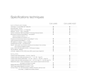 Spécifications techniques

                                                                                              C3X LUMIS   C3X LUMIS HOST
BLOC OPTIQUE LIGHT ENGINE
Technologie : 3 x puces DMD 0,95” 1080p DC4                                                        •            •
Écart entre pixels : 10,8 µm                                                                       •            •
Angle de bascule des miroirs : ± 12° diagonales                                                    •            •
Résolution : Full HD – 1 920 x 1 080 pixels                                                        •            •
Système d’amélioration SIM2 DynamicBlack™ Technology Enhanced Solution                             •            •
Mouvements d’ouverture DynamicBlack™ : 256 positions                                               •            •
   - Gamme d’ouverture maximum ± 13°
   - Gamme de limitation de l’ouverture ± 15°
Fréquence de fonctionnement maximum DynamicBlack™ : 30 Hz                                          •            •
Temps de réponse DynamicBlack™ : < 15 ms                                                           •            •
IRIS réglable par l’utilisateur : 5 étapes contrôlées                                              •            •
Contraste jusqu’à 35 000 : 1 (Full ON/Full OFF)                                                    •            •
Objectif : haute qualité, haute résolution améliorée par des optiques à haut contraste,
         zoom motorisé et réglage de netteté.                                                      •            •
Lampe : 280 W UHP (atténuable à 230 W) – 2 000 heures (1) typique                                  •            •
Type de réflecteur : elliptique                                                                    •            •
Luminosité : réglable de 1200 à 3000 lumens ANSI, suivant le type d’objectif (2)                   •            •

INSTALLATION
Longueur focale optique standard : 1.75-2.48 : 1 (type T2)                                         •            •
Longueur focale avec lentille anamorphique 2.35 : 1 : 1.31-1.86 : 1 (type T2)                      •            •
Longueur focale optiques additionnelles : 1.37-1.66 : 1 (type T1) – 1.95-2.92 : 1 (type T3)        •            •
Longueur focale avec lentille anamorphique 2.35:1 : 1.03-1.25:1 (type T1) - 1.95-2.92:1(type T3)   •            •
Déplacement optique : manuel, vertical/jusqu’à + 50 % maximum depuis le centre de l’écran
                        (par rapport à la hauteur de l’image)                                      •            •
Réglage déformation trapèze Keystone (vertical ± 18°)                                              •            •
Taille d’image projetée (diagonale, en pouces) : 70-250                                            •            •
Formats d’image : 4/3, 16/9 anamorphique, LetterBox, Panoramic, pixel-pour-pixel,                  •            •
                   sous-titrage + 3 réglages personnalisés utilisateur
 