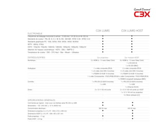 C3X LUMIS                         C3X LUMIS HOST
ÉLECTRONIQUE
Fréquences de balayage horizontal & vertical : 15-80 kHz / 24-30 Hz et 48-100 Hz                   •                                      •
Standards de couleur : PAL (B, G, H, I, M, N, 60) ; SECAM ; NTSC 3.58 ; NTSC 4.43                  •                                      •
Standards graphiques PC : VGA, SVGA, XGA, SXGA, UXGA, WUXGA                                        •                                      •
SDTV : 480i/p, 576i/p                                                                              •                                      •
HDTV : 720p/50, 720p/60, 1080i/50, 1080i/60, 1080p/50, 1080p/60, 1080p/24                          •                                      •
Sélection de l’espace colorimétrique : HDTV – EBU – SMPTE-C                                        •                                      •
Température de couleur : D65 – D75 Haut – Bas – Moyen – Utilisateur                                •                                      •

ENTRÉES/SORTIES                                                                             Sur projecteur                      Sur module HOST
Numérique :                                                                         2 x HDMI (v. 1.3 avec Deep Color)     6 x HDMI (v. 1.3 avec Deep Color)
                                                                                                    -                              1 x DVI (DVI-D)
                                                                                                    -                             1 x HD-SDI (BNC)
Analogique :                                                                           1 x vidéo composite (RCA)              2 x vidéo composite (RCA)
                                                                                    1 x S-vidéo (mini-DIN 4 broches)       2 x S-vidéo (mini-DIN 4 broches)
                                                                                    1 x RGBHV (D-SUB 15 broches)           2 x RGBHV (D-SUB 15 broches)
                                                                               1 x vidéo Composantes- YCbCr/RGB (RCA)3 x vidéo Composantes- YCbCr/RGB (RCA)
                                                                                                    -                   1 x RGBHV progressif analogique (BNC)
Contrôle :                                                                           1 x RS-232 (D-SUB 9 broches)           1 x RS-232 (D-SUB 9 broches)
                                                                                                1 x USB                               1 x USB
                                                                                                    -                            1 x Ethernet (RJ45)
Divers :                                                                                 3 x 12 V 100 mA sortie           2 x 12 V 100 mA sortie sur HOST
                                                                                                                           1 x 12 V 100 mA sur projecteur
                                                                                                    -                          3 x fibres optiques (LC)


SPÉCIFICATIONS GÉNÉRALES
Commande par logiciel : mise à jour via interface série RS-232 ou USB                              •                                       •
Alimentation : 100 -240 VAC ± 10 % (48/62 Hz)                                                      •                                       •
Consommation électrique :                                                                     382 W max                              420 W max.
Dimensions projecteur (L x H x P) : 458 x 210 x 456 mm                                             •                                       •
Dimensions HOST (L x H x P) : 438 x 90 x 301 mm                                                    -                                       •
Poids projecteur : 11 kg                                                                           •                                       •
Poids HOST : 2,5 kg                                                                                -                                       •
 