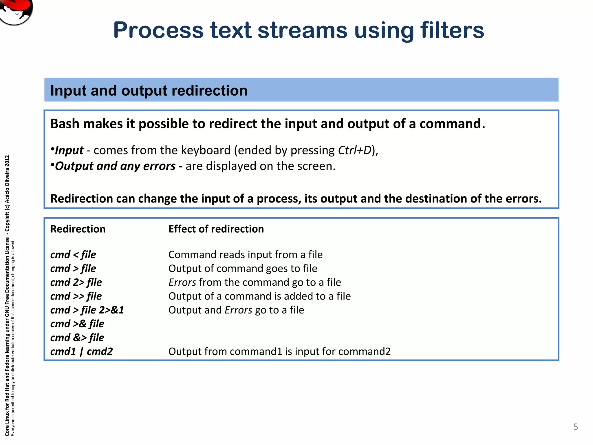 CoreLinuxforRedHatandFedoralearningunderGNUFreeDocumentationLicense-Copyleft(c)AcácioOliveira2012 Everyoneispermittedtocopyanddistributeverbatimcopiesofthislicensedocument,changingisallowed Process text streams using filters Bash makes it possible to redirect the input and output of a command. •Input - comes from the keyboard (ended by pressing Ctrl+D), •Output and any errors - are displayed on the screen. Redirection can change the input of a process, its output and the destination of the errors. Input and output redirection 5 Redirection Effect of redirection cmd < file Command reads input from a file cmd > file Output of command goes to file cmd 2> file Errors from the command go to a file cmd >> file Output of a command is added to a file cmd > file 2>&1 Output and Errors go to a file cmd >& file cmd &> file cmd1 | cmd2 Output from command1 is input for command2 