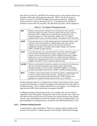 Router Security Configuration Guide




        Open Shortest Path First, and IS-IS, Intermediate-System to Intermediate-System, are
        examples of link state interior gateway protocols. BGP-4, the Border Gateway
        Protocol, version 4, is the IETF standard exterior gateway protocol. EIGRP, the
        Enhanced Interior Gateway Routing Protocol, is a proprietary Cisco IGP that is
        sometimes used in all-Cisco networks. The table below provides a short comparison.

                              Table 4-2 – Five Popular IP Routing Protocols

         RIP         Distance vector protocol: maintains a list of distances to other networks
                     measured in hops, the number of routers a packet must traverse to reach its
                     destination. RIP is suitable only for small networks, partly because the
                     maximum distance is 15 hops. Broadcasts updates every 30 seconds to
                     neighboring RIP routers to maintain integrity. Each update is a full route table.

         OSPF        Link state protocol: uses a link speed-based metric to determine paths to other
                     networks. Each router maintains a simplified map of the entire network.
                     Updates are sent via multicast, and are sent only when the network
                     configuration changes. Each update only includes changes to the network.
                     OSPF is suitable for large networks.

         IS-IS       Link state protocol: uses a cost-based metric by default to determine paths to
                     other networks. Optional metrics are delay, expense and error. Cisco IOS
                     supports only the cost based metric. Routers establish and maintain neighbor
                     adjacencies every 10 seconds by default. A complete link state database is
                     broadcast by a designated router every 10 seconds by default to synchronize
                     neighbor route tables. IS-IS is suitable for large networks.

         EIGRP       Distance vector protocol: maintains a complex set of metrics for the distance to
                     other networks,and incorporates some features of link state protocols.
                     Broadcasts updates every 90 seconds to all EIGRP neighbors. Each update
                     includes only changes to the network. EIGRP is suitable for large networks.

         BGP         A distance vector exterior gateway protocol that employs a sophisticated series
                     of rules to maintain paths to other networks. Updates are sent over TCP
                     connections between specifically identified peers. BGP-4 employs route
                     aggregation to support extremely large networks (e.g. the Internet).

        Another important aspect of a routing protocol scheme is the amount of time it takes
        for network architecture or connectivity changes to be reflected in the route tables of
        all affected routers. This is usually called the rate of convergence. For example, in a
        large network OSPF offers much faster convergence than RIP.

        Configuring routing in IP networks can be a very complex task, and one which is
        outside the scope of this guide. Routing does raise several security issues, and Cisco
        IOS offers several security services for routing; this section discusses some of these
        security issues and describes several of the security services in moderate detail. For
        general guidance on routing protocols, consult the Cisco IOS documentation, or [3].

4.4.1. Common routing hazards
        A question that is often overlooked is “Why do we need to concern ourselves with
        security of the network?” A better question to ask would be “What kind of damage




104                                                                                       Version 1.1c
 