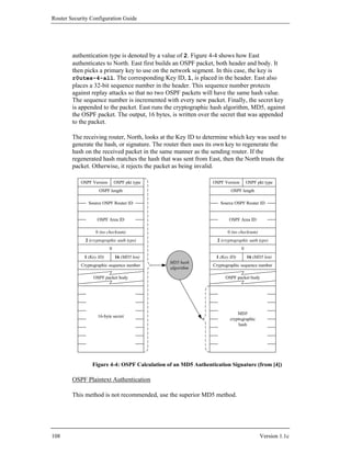 Router Security Configuration Guide




        authentication type is denoted by a value of 2. Figure 4-4 shows how East
        authenticates to North. East first builds an OSPF packet, both header and body. It
        then picks a primary key to use on the network segment. In this case, the key is
        r0utes-4-all. The corresponding Key ID, 1, is placed in the header. East also
        places a 32-bit sequence number in the header. This sequence number protects
        against replay attacks so that no two OSPF packets will have the same hash value.
        The sequence number is incremented with every new packet. Finally, the secret key
        is appended to the packet. East runs the cryptographic hash algorithm, MD5, against
        the OSPF packet. The output, 16 bytes, is written over the secret that was appended
        to the packet.

        The receiving router, North, looks at the Key ID to determine which key was used to
        generate the hash, or signature. The router then uses its own key to regenerate the
        hash on the received packet in the same manner as the sending router. If the
        regenerated hash matches the hash that was sent from East, then the North trusts the
        packet. Otherwise, it rejects the packet as being invalid.

            OSPF Version       OSPF pkt type                    OSPF Version       OSPF pkt type
                     OSPF length                                         OSPF length

               Source OSPF Router ID                               Source OSPF Router ID


                    OSPF Area ID                                        OSPF Area ID

                   0 (no checksum)                                     0 (no checksum)
              2 (cryptographic auth type)                         2 (cryptographic auth type)
                           0                                                   0
             1 (Key ID)        16 (MD5 len)                      1 (Key ID)        16 (MD5 len)
                                               MD5 hash
            Cryptographic sequence number                       Cryptographic sequence number
                                               algorithm

                  OSPF packet body                                    OSPF packet body




                                                                            MD5
                    16-byte secret
                                                                        cryptographic
                                                                            hash




                 Figure 4-4: OSPF Calculation of an MD5 Authentication Signature (from [4])

        OSPF Plaintext Authentication

        This method is not recommended, use the superior MD5 method.




108                                                                                      Version 1.1c
 