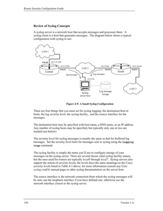 Router Security Configuration Guide




        Review of Syslog Concepts
        A syslog server is a network host that accepts messages and processes them. A
        syslog client is a host that generates messages. The diagram below shows a typical
        configuration with syslog in use.



               LAN 1



                Eth 0/0   14.1.15.250
                                    14.2.9.250                                    14.2.9.64                     14.2.10.64
                                    Eth 0/1
                                                              LAN 2                       Eth 0/0               Eth 0/1
                   Central                                                                          South
                                              log messages                 log messages

                                                                    14.2.9.6



                                                                                                              LAN 3
                                                                                 Log message
                                                               Syslog
                                                                                   storage
                                                             server host


                                              Figure 4-9: A Small Syslog Configuration

        There are four things that you must set for syslog logging: the destination host or
        hosts, the log severity level, the syslog facility , and the source interface for the
        messages.

        The destination host may be specified with host name, a DNS name, or an IP address.
        Any number of syslog hosts may be specified, but typically only one or two are
        needed (see below).

        The severity level for syslog messages is usually the same as that for buffered log
        messages. Set the severity level limit for messages sent to syslog using the logging
        trap command.

        The syslog facility is simply the name you’ll use to configure storage of your
        messages on the syslog server. There are several dozen valid syslog facility names,
        but the ones used for routers are typically local0 through local7. Syslog servers also
        support the notion of severity levels, the levels have the same meanings as the Cisco
        severity levels listed in Table 4-3 above; for more information consult any Unix
        syslog.conf(4) manual page or other syslog documentation on the server host.

        The source interface is the network connection from which the syslog messages will
        be sent; use the loopback interface if you have defined one, otherwise use the
        network interface closest to the syslog server.




144                                                                                                   Version 1.1c
 