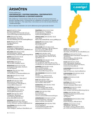 MED CENTERPARTIET LANDET RUNT


                                                                                                                      c.sverige!
   ÅRSMÖTEN
   Till alla medlemmar i
   CENTERPARTIET, CENTERKVINNORNA, CENTERPARTIETS
   UNGDOMSFÖRBUND & CENTERSTUDENTER
   Alla medlemmar i Centerrörelsen kallas till och har rösträtt på Centerpartiets krets-
   årsmöte. Samtliga kretsar i Centerpartiet har möjligheten att publicera sin inbjudan till
   årsmöte i tidningen C. Här nedan hittar ni de kretsar som har valt att kalla till årsmöte
   i medlemstidningen.
   Skriv in datumet i kalendern och varmt välkommen på ett spännande årsmöte!


ALE 2010-02-15 kl 19.00                           FINSPÅNG 2010-01-25 kl 18.00
Starrkärrs bygdegård                              Missionskyrkan i Finnspång
Boel Holgersson, tel 0733-300 223 eller           Fredrik Blomberg, 0122-211 11,
e-post boel.holgersson@centerpartiet.se           fredrik.blomberg@tele2.se
BERG 2010-02-14 kl 19.00                          FÄRGELANDA 2010-03-09 kl 18.30
Gymnasieskolan, Svenstavik                        Torps Skola
Dan-Olov Westberg, dan-olov.westberg@berg.se      Marion Pelli, 0528-200 88, marion.pelli@spray.se
BJUV 2010-01-27 kl 19.00                          GNOSJÖ 2010-02-08 kl 18:30
Smedjan Billesholm                                GSK Stugan Gnosjö
042-89070                                         Tore Gustavsson
BODEN 2010-02-28 kl 15.00                         GÄLLIVARE 2010-01-04 kl 17.30
Partilokalen Hellgrensgatan 4                     SV-lokalen, Raijoväg 3, 982 36 Gällivare
Roger Bohman, 070-696 24 55, rutbo@telia.com                                                         HÖÖR 2010-02-23 kl 19.00
                                                  Berit Vennström, 0975-102 39,                      Kyrkans Hus i Bosjökloster
                                                  beritvennstrom@hotmail.com                         Ola Kollén, 0413-224 46, ola.kollen@telia.com
BOLLNÄS 2010-02-16 kl 19.00
Hantverkslokalen i Bollnäs                        HABO 2010-02-28 kl 14.00
Maud Kvarnäng, maud.kvarnang@centerpartiet.se                                                        JÄRFÄLLA 2010-02-10 kl 18.30
                                                  Nya församlingshemmet, Bankeryd                    Studieförbundet Vuxenskolan, Kvarnplan 11,
BORÅS 2010-02-10 kl 18.30                         Egon Waldemarsson, 0733-37 46 55,                  Jakobsberg
Plats meddelas senare                             egon@habo.net                                      Monica Lindberg, 070-250 02 02,
boraskrets@centerpartiet.se                       HALMSTAD 2010-02-22 kl 18.30                       monica.lindberg@dhl.com
BOTKYRKA 2010-02-12                               Holms bygdegård, Holm                              KALIX 2010-02-23 kl 19.00
Tid och plats meddelas senare                     Vera Andersson, 035-10 31 40 (ons fm),             Kalix Folkhögskola, Älvgården
                                                  vera@hyltan.se, halmstad@centerpartiet.se          Kretsordförande Kristina Henriksson,
BOXHOLM 2010-01-31 kl 17.00                                                                          kristina.henriksson@sv.se
Samlingssalen Bjursdalen, Boxholm                 HANINGE 2010-02-28 kl 14.00
Per-Åke Agnevik                                   Plats meddelas senare                              KARLSKOGA 2010-02-09 kl 19.00
                                                  Petri Salonen, 070-397 41 42,                      Prisma Café
BRÄCKE 2010-02-10 kl 19.00                        petri.salonen@centerpartiet.se                     Inga-Lill Andersson, bjorkmo@tele2.se
Jämtkrogen Bräcke
Jan Danielsson, jv.danielsson@telia.com           HELSINGBORG 2010-02-15 kl 18.00                    KARLSKRONA 2010-02-10 kl 18.30
                                                  Mörarp                                             Plats meddelas senare
DALS ED 2010-03-14 kl 15.00                       Christina Freij, 0709-10 97 82,
Gamla Real                                        christina.freij@centerpartiet.se                   KINDA 2010-02-14 kl 14.00
Kenneth Gustavsson, 0534-320 37                                                                      Tjällmo Horn
                                                  HJO 2010-02-24 kl 19.00                            Göran Olsson
EKSJÖ 2010-02-15 kl 19.00                         Södra Fågelås församlingshem
Mariannelund, Folkets Hus                         Gert Franzén, 0503-124 97                          KLIPPAN 2010-03-11 kl 19.00
Conny Sixtensson, 070-644 84 71,                                                                     Skäralids Restaurang
conny.sn@hem.eksjo.com                            HUDIKSVALL 2010-02-25 kl 19.00                     Torsten Johansson, 0435-150 51
                                                  Meddelas senare
ENKÖPING 2010-02-17 kl 19.00                      Lars-Olof Widell, 0650-148 48,                     KROKOM 2010-02-15 kl 19.00
Litslena bygdegård                                lars-olov.widell@centerpartiet.se                  Plats meddelas senare
Gunilla Karlsson, 0171-359 26,                                                                       Evert Jonsson, evert.jonsson@centerpartiet.se
enkoping@centerpartiet.se                         HÅBO 2010-02-10 kl 19.00
                                                  Kommunhuset                                        KUMLA 2010-02-28 kl 17.00
ESLÖV 2010-02-25 kl 18.30                         Sven-Erik Svensson,                                Studieförbundet Vuxenskolans lokal,
Prästgården, Marieholm                            sveneric.svensson@choseutveckling.se               Viagatan 8, Kumla
Jenny Eberyd, 0413-55 52 57,                                                                         Jan Engman
jenny_eberyd@hotmail.com                          HÄRNÖSAND 2010-02-21 kl 19.00
                                                                                                     KUNGSBACKA 2010-03-08 kl 19.00
                                                  Församlingsgården i Härnösand                      Hanhalsgården
ESSUNGA 2010-02-27 kl 19.00
Räddningstjänstens lokal, Nossebro                Niklas Forslund, 070-5435700                       Kristina Karlsson, 0706-66 56 91
Gunilla Johansson, gunilla.arnej@swipnet.se       HÄSSLEHOLM 2010-02-24 kl 19.00                     KÖPING 2010-02-25 kl 19.00
FALKÖPING 2010-02-23 kl 19.00                     Storby Bygdegård                                   Tallåsgården i Munktorp
Meddelas senare                                   Kretsexpeditionen 0451-834 08,                     Per-Anders Jansson, 070-537 18 64,
Hillevi Wallgren, adolfsson.hillevi@telia.com     centerpartiet.hlm@telia.com                        per-anders.jansson@centerpartiet.se


             .
28 TIDNINGEN C
 