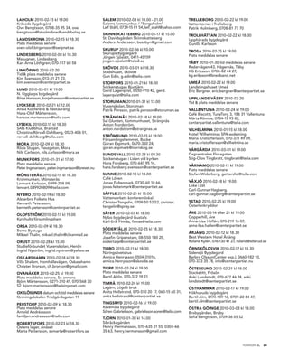 LAHOLM 2010-02-15 kl 19.00                      SALEM 2010-02-03 kl 18.00 - 21.00                 TRELLEBORG 2010-02-22 kl 19.00
Kräveds Bygdegård                               Salems kommunhus / ”Bergaholm”                    Vattentornet i Trelleborg
Ove Bengtsson, 0708-35 95 34, ove.              Leif Ståhl, 0739-15 81 54, leif_stahl@yahoo.com   Patrik Holmberg, 0708-81 77 70
bengtsson@laholmsbredbandsbolag.se
                                                SKINNSKATTEBERG 2010-01-17 kl 15.00               TROLLHÄTTAN 2010-02-22 kl 18.30
LANDSKRONA 2010-02-15 kl 18.30                  St. Davidsgården Skinnskatteberg                  Upphärads bygdegård
Plats meddelas senare                           Anders Andersson, bussbyn@gmail.com               Gunilla Karlsson
sven-olof.birgersson@swipnet.se                 SKURUP 2010-02-06 kl 10.00                        TROSA 2010-02-25 kl 19.00
LINDESBERG 2010-02-08 kl 18.30                  Skurups Bygdegård
                                                Jörgen Sjöslätt, 0411-45159                       Plats meddelas senare
Masugnen, Lindesberg
                                                jorgen.sjoslatt@tele2.se                          TÄBY 2010-01-30 tid meddelas senare
Karl Arne Löthgren, 070-517 60 58
                                                SKÖVDE 2010-03-01 kl 18.30                        Radarvägen 43, Hägernäs, Täby
LINKÖPING 2010-02-20                            Stadshuset, Skövde                                KG Eriksson, 0708-82 44 27,
Tid & plats meddelas senare                                                                       kg.eriksson@bredband.net
                                                Gun Edin, g.edin@telia.com
Kim Svensson, 013-31 21 23,
kim.svensson@centerpartiet.se                   STORFORS 2010-01-21 kl 18.00                      UMEÅ 2010-02-22 kl 19.00
                                                Sockenstugan Bjurtjärn                            Landstingshuset Umeå
LUND 2010-03-01 kl 19.00                        Gerd Lagerqvist, 0550-910 42, gerd.               Eric Bergner, eric.bergner@centerpartiet.se
N. Ugglarps bygdegård                           lagerqvist@telia.com
Börje Hansson, borje.hansson@centerpartiet.se                                                     UPPLANDS VÄSBY 2010-02-20
                                                STORUMAN 2010-01-31 kl 13.00                      Tid & plats meddelas senare
LYCKSELE 2010-02-21 kl 12.00                    Vuxenskolan, Storuman
Ansia Konferens & Restaurang                    Patrik Persson, patrik.persson@storuman.se        VALLENTUNA 2010-02-24 kl 19.00
Hans-Olof Mårtensson,                                                                             Café Biscotti, TunaTorg 3, 186 31 Vallentuna
hansoe.martensson@telia.com                     STRÄNGNÄS 2010-02-18 kl 19.00                     Märta Rönnås, 0734-13 93 82,
                                                Sal Glunten, Kommunhuset, Strängnäs               centerpartiet.vallentuna@telia.com
LYSEKIL 2010-02-15 kl 18.30                     Anton Nordström,
SAIS Klubbhus, Brastad                          anton.nordstrom@strangnas.se                      VILHELMINA 2010-01-15 kl 18.00
Christina Rörvall-Dahlberg, 0523-406 01,                                                          Hotel Wilhelminas SPA-avdelning
rorvall-dahlberg@telia.com                      STRÖMSUND 2010-02-15 kl 19.00
                                                Församlingshemmet, Backe                          Maria Kristoffersson, 070-371 49 09,
MORA 2010-02-09 kl 18.30                        Göran Espmark, 0670-350 24,                       maria.kristoffersson@vilhelmina.se
Röda Stugan, Vasagatan, Mora                    goran.espmark@norrskog.se
                                                                                                  VÅRGÅRDA 2010-03-01 kl 19.00
Nils Carlsson, nils.carlsson@mora.se                                                              Dagcentralen Floragatan
                                                SUNDSVALL 2010-02-28 kl 09.30
MUNKFORS 2010-01-31 kl 17.00                    Sockenstugan i Liden vid kyrkan                   Stig-Olov Tingbratt, tingbratt@telia.com
Plats meddelas senare                           Hans Forsberg, 070-647 95 14,
                                                hans.forsberg.svensson@centerpartiet.se           VÄRNAMO 2010-02-11 kl 19.00
Peter Ingmarsson, peter.ingmarsson@brevet.nu                                                      Plats meddelas senare
MÖNSTERÅS 2010-02-15 kl 18.30                   SUNNE 2010-02-10 kl 18.00                         Stefan Widerberg, getterslid@telia.com
Kronmunken, Mönsterås                           Café Löven
                                                Jonas Feltenmark, 0730-60 18 66,                  VÄXJÖ 2010-02-18 kl 19.00
Lennart Karlsson, 0499-208 09,
                                                jonas.feltenmark@centerpartiet.se                 Loke i Jät
lennart.049920809@telia.com
                                                                                                  Carl-Gunnar Hagberg,
NYBRO 2010-02-19 kl 18.30                       SÄFFLE 2010-02-21 kl 15.00                        carl-gunnar.hagberg@centerpartiet.se
Alsterbro Folkets Hus                           Vattenverkets konferenslokal
                                                Christer Tengelin, 0709-50 52 52, christer.       YSTAD 2010-02-25 kl 19.00
Kenneth Petersson,
                                                tengelin@spray.se                                 Österlenkryddor
kenneth.petersson@centerpartiet.se
                                                SÄTER 2010-02-07 kl 18.00                         ÅRE 2010-02-14 eller 21 kl 19.00
OLOFSTRÖM 2010-02-17 kl 19.00
                                                Nybo bygdegård Gustafs                            Copperhill, Åre
Kyrkhults församlingshem
                                                Karl-Erik Finnäs, finnas@telia.com                Anna-Lisa Hoflén, 070-219 16 07,
ORSA 2010-02-09 kl 18.30                                                                          anna-lisa.haflen@centerpartiet.se
Borns Bystuga                                   SÖDERTÄLJE 2010-02-25 kl 18.30
                                                Plats meddelas senare                             ÅRJÄNG 2010-02-12 kl 18.30
Mikael Thalin, mikael.thalin@cleanmail.se
                                                Josefin Gripenstam, 08-550 180 20,                Best Western Hotel Årjäng
ORUST 2010-02-28 kl 15.00                       sodertalje@centerpartiet.se                       Roland Kylén, 076-130 41 27, roland@sillerud.se
Studieförbundet Vuxenskolan, Henån
                                                TIBRO 2010-02-11 kl 18.30                         ÖRNSKÖLDSVIK 2010-02-17 kl 18.30
Ingrid Nyström, ingrid.nystrom@yahoo.se
                                                Näringslivetshus                                  Sidensjö Bygdegård
OSKARSHAMN 2010-02-18 kl 18.30                  Annica Henrysson 0504-31016,                      Barbro Olsson(Center exp.), 0660-182 10,
Villa Shalom, Homhällevägen, Oskarshamn         annica.henrysson@skovde.se                        070-333 35 78, info@centerpartiet.nu
Christer Brorson, ch.brorson@gmail.com          TIERP 2010-02-24 kl 19.00                         ÖSTERSUND 2010-02-21 kl 18.00
OVANÅKER 2010-02-25 kl 19.00                    Plats meddelas senare                             Stocketitt, Frösön
Plats meddelas senare, Se annons                Bertil Ahlin, 070-372 19 21                       Anki Lundstedt, 070-677 46 74, anki.
Björn Mårtensson, 0271-310 41, 070-568 30                                                         lundstedt@centerpartiet.se
                                                TIMRÅ 2010-02-24 kl 19.00
52, bjorn.martensson@helsingenet.com
                                                Lagårn, Lögdö bruk                                ÖSTHAMMAR 2010-02-17 kl 19.00
OXELÖSUNDS datum och tid meddelas senare        Anita Hellstrand, 070-510 20 17, 060-15 60 31,    Hökhuvuds bygdegård
föreningslokalen Trädgårdsgatan 11              anita.hellstrand@centerpartiet.se                 Bertil Alm, 0174-109 16, 0709-22 84 47,
                                                TINGSRYD 2010-02-16 kl 19.00                      bertil.alm@centerpartiet.se
PERSTORP 2010-02-09 kl 18.30
Plats meddelas senare                           Rävemåla bygdegård                                ÖSTRA GÖINGE 2010-03-08 kl 18.00
Arnold Andréasson,                              Sören Gabrielsson, gabrielsson.soren@telia.com    Brobygården, Broby
familjen.andreasson@telia.com                                                                     Sofia Bengtsson, 0709-36 05 52
                                                TJÖRN 2010-01-30 kl 14.00
ROBERTSFORS 2010-02-23 kl 18.30                 Sibräckagården
Ostens lager, Ånäset                            Henry Hermansson, 070-635 31 55, 0304-66
Marta Pettersson, svmarta@robertfors.se         35 63, henry.hermansson@gmail.com


                                                                                                                                            .
                                                                                                                                  TIDNINGEN C   29
 