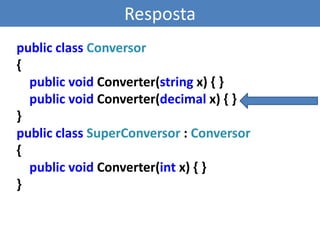 RegrasParâmetros opcionais são os últimos do métodoSomente constantespublicvoid Subir(int andares = 1, int velocidade){}publicvoid Subir(int andares, int velocidade =ObterVelocidade()){}