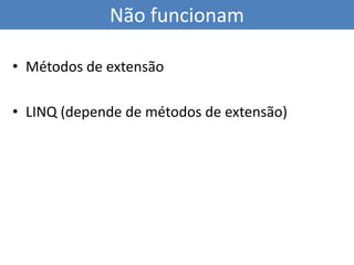 Como é agora?var elevador2 = newElevadorCS();elevador2.Subir();elevador2.Subir(velocidade: 2);elevador2.Subir(velocidade: 2,andares: 3);