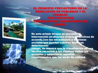 EL PRINCIPIO PRECAUTORIO EN LA
RESOLUCION DE POBLEMAS Y EL
TRABAJO
POR PROYECTOS
TÉGNOLOGICOS COMUNITARIOS DE
DISEÑO
En este primer bloque se pretende la
intervención en diversos procesos técnicos de
acuerdo con las necesidades e intereses
sociales que pueden cubrirse desde un
determinado
campo, de manera que la visualización de una
técnica permitirá a los alumnos definir las
acciones y seleccionar aquellos
conocimientos que les serán de utilidad.

 