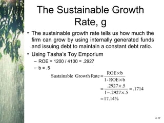 The Sustainable Growth
Rate, g
• The sustainable growth rate tells us how much the
firm can grow by using internally generated funds
and issuing debt to maintain a constant debt ratio.
• Using Tasha’s Toy Emporium
– ROE = 1200 / 4100 = .2927
– b = .5
%14.17
1714.
5.2927.1
5.2927.
bROE-1
bROE
RateGrowtheSustainabl
=
=
×−
×
=
×
×
=
4-17
 