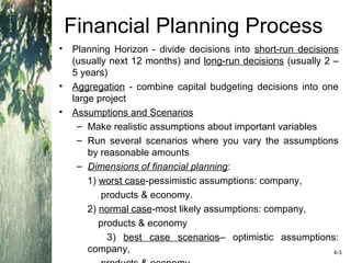 Financial Planning Process
• Planning Horizon - divide decisions into short-run decisions
(usually next 12 months) and long-run decisions (usually 2 –
5 years)
• Aggregation - combine capital budgeting decisions into one
large project
• Assumptions and Scenarios
– Make realistic assumptions about important variables
– Run several scenarios where you vary the assumptions
by reasonable amounts
– Dimensions of financial planning:
1) worst case-pessimistic assumptions: company,
products & economy.
2) normal case-most likely assumptions: company,
products & economy
3) best case scenarios– optimistic assumptions:
company, 4-3
 