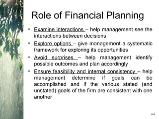 Role of Financial Planning
• Examine interactions – help management see the
interactions between decisions
• Explore options – give management a systematic
framework for exploring its opportunities
• Avoid surprises – help management identify
possible outcomes and plan accordingly
• Ensure feasibility and internal consistency – help
management determine if goals can be
accomplished and if the various stated (and
unstated) goals of the firm are consistent with one
another
4-4
 