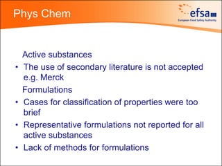 Phys Chem


    Active substances
•   The use of secondary literature is not accepted
    e.g. Merck
    Formulations
•   Cases for classification of properties were too
    brief
•   Representative formulations not reported for all
    active substances
•   Lack of methods for formulations
 