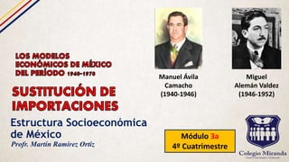 Estructura Socioeconómica
de México Módulo 3a
4º CuatrimestreProfr. Martín Ramírez Ortiz
Manuel Ávila
Camacho
(1940-1946)
Miguel
Alemán Valdez
(1946-1952)
 