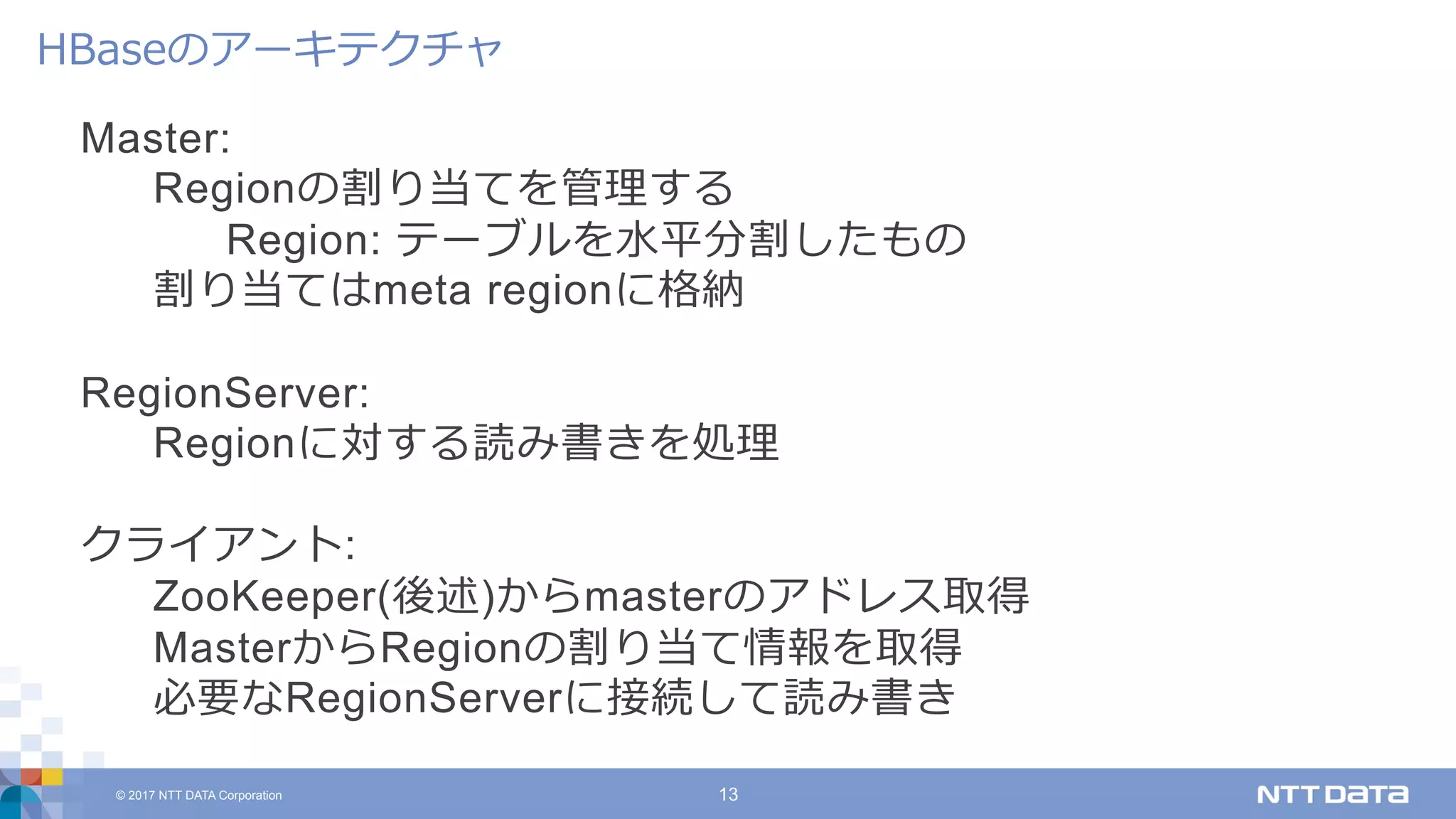 © 2017 NTT DATA Corporation 13
Master:
Regionの割り当てを管理する
Region: テーブルを⽔平分割したもの
割り当てはmeta regionに格納
RegionServer:
Regionに対する読み書きを処理
クライアント:
ZooKeeper(後述)からmasterのアドレス取得
MasterからRegionの割り当て情報を取得
必要なRegionServerに接続して読み書き
HBaseのアーキテクチャ
 