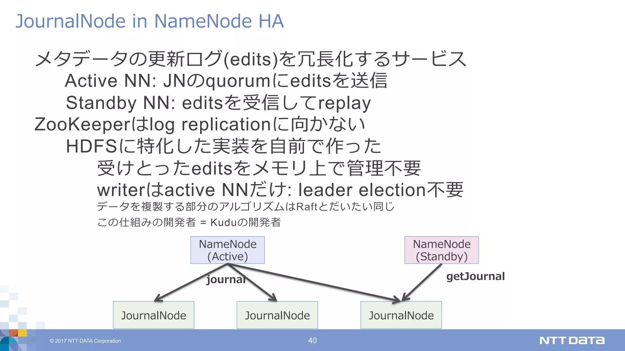 © 2017 NTT DATA Corporation 40
メタデータの更新ログ(edits)を冗⻑化するサービス
Active NN: JNのquorumにeditsを送信
Standby NN: editsを受信してreplay
ZooKeeperはlog replicationに向かない
HDFSに特化した実装を⾃前で作った
受けとったeditsをメモリ上で管理不要
writerはactive NNだけ: leader election不要
データを複製する部分のアルゴリズムはRaftとだいたい同じ
この仕組みの開発者 = Kuduの開発者
JournalNode in NameNode HA
JournalNode
NameNode
(Active)
JournalNode
NameNode
(Standby)
JournalNode
journal getJournal
 