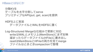 © 2017 NTT DATA Corporation 12
分散KVS
テーブルを⽔平分割してserve
プリミティブなAPI(put, get, scan)を提供
HDFS上に実装
データファイルとWALをHDFSに置く
Log-Structured Mergeな仕組みで更新に対応
writeはWALとメモリ上(MemStore)にまず反映
溜まったらデータファイル(HFile)に書き出し
readはMemStoreとHFileの両⽅を⾒てmerge
ファイルはときどきcompactionで整理
HBaseとはなにか
 