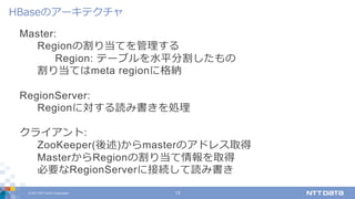© 2017 NTT DATA Corporation 13
Master:
Regionの割り当てを管理する
Region: テーブルを⽔平分割したもの
割り当てはmeta regionに格納
RegionServer:
Regionに対する読み書きを処理
クライアント:
ZooKeeper(後述)からmasterのアドレス取得
MasterからRegionの割り当て情報を取得
必要なRegionServerに接続して読み書き
HBaseのアーキテクチャ
 