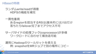© 2017 NTT DATA Corporation 14
ランダムwrite/readが得意
HDFSの機能を補完
⼀貫性重視
あるregionを担当するRSは(基本的には)1台だけ
落ちたらfailover完了までアクセス不可
サーバサイドの処理フック(coprocessor)が多様
ワークロードに合わせて魔改造可能
運⽤にHadoopのツールセットを使える
例: snapshotをMRジョブで別の場所にコピー
HBaseの特徴
 