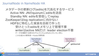 © 2017 NTT DATA Corporation 40
メタデータの更新ログ(edits)を冗⻑化するサービス
Active NN: JNのquorumにeditsを送信
Standby NN: editsを受信してreplay
ZooKeeperはlog replicationに向かない
HDFSに特化した実装を⾃前で作った
受けとったeditsをメモリ上で管理不要
writerはactive NNだけ: leader election不要
データを複製する部分のアルゴリズムはRaftとだいたい同じ
この仕組みの開発者 = Kuduの開発者
JournalNode in NameNode HA
JournalNode
NameNode
(Active)
JournalNode
NameNode
(Standby)
JournalNode
journal getJournal
 
