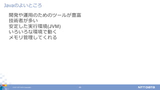 © 2017 NTT DATA Corporation 44
開発や運⽤のためのツールが豊富
技術者が多い
安定した実⾏環境(JVM)
いろいろな環境で動く
メモリ管理してくれる
Javaのよいところ
 