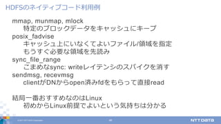 © 2017 NTT DATA Corporation 46
mmap, munmap, mlock
特定のブロックデータをキャッシュにキープ
posix_fadvise
キャッシュ上にいなくてよいファイル/領域を指定
もうすぐ必要な領域を先読み
sync_file_range
こまめなsync: writeレイテンシのスパイクを消す
sendmsg, recevmsg
clientがDNからopen済みfdをもらって直接read
結局⼀番おすすめなのはLinux
初めからLinux前提でよいという気持ちは分かる
HDFSのネイティブコード利⽤例
 