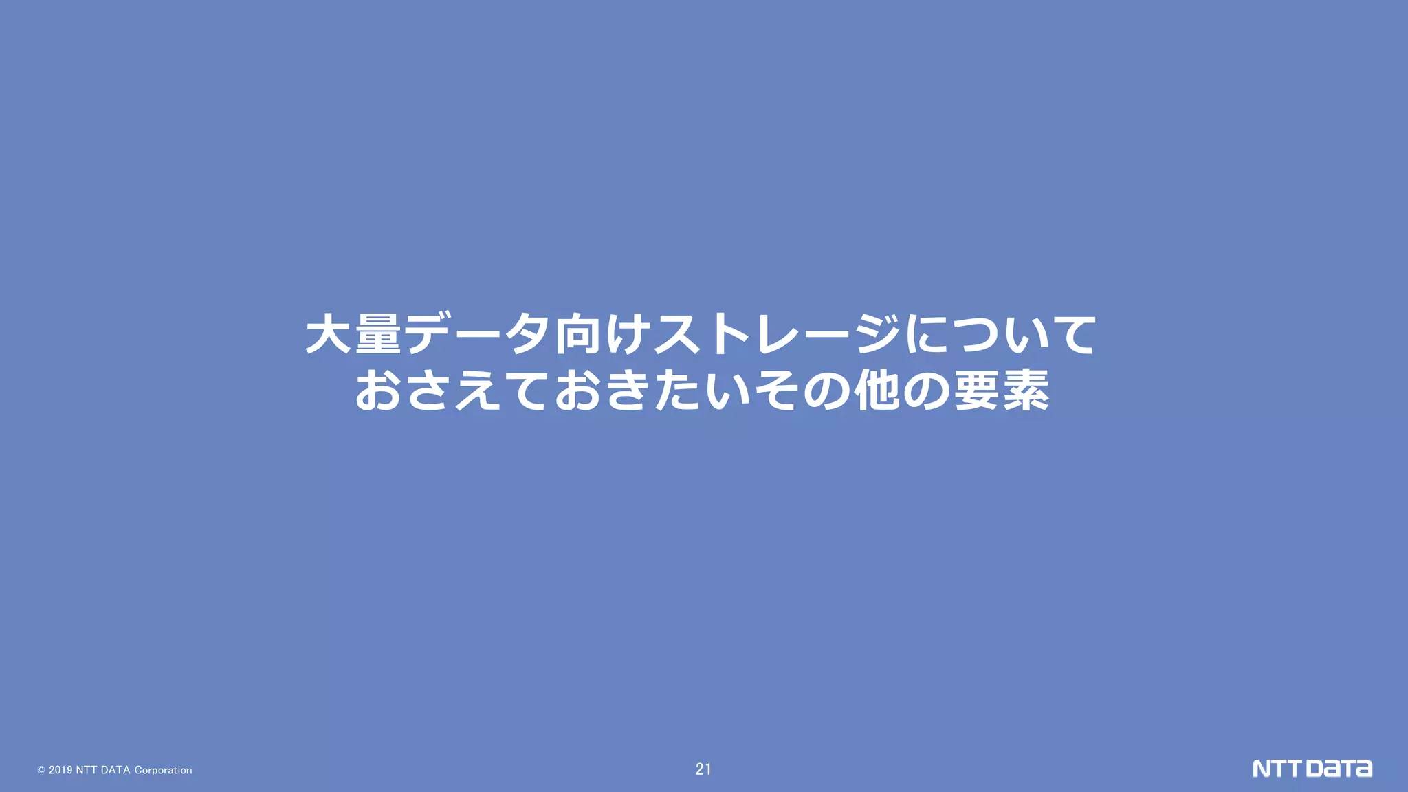 © 2019 NTT DATA Corporation 21
大量データ向けストレージについて
おさえておきたいその他の要素
 