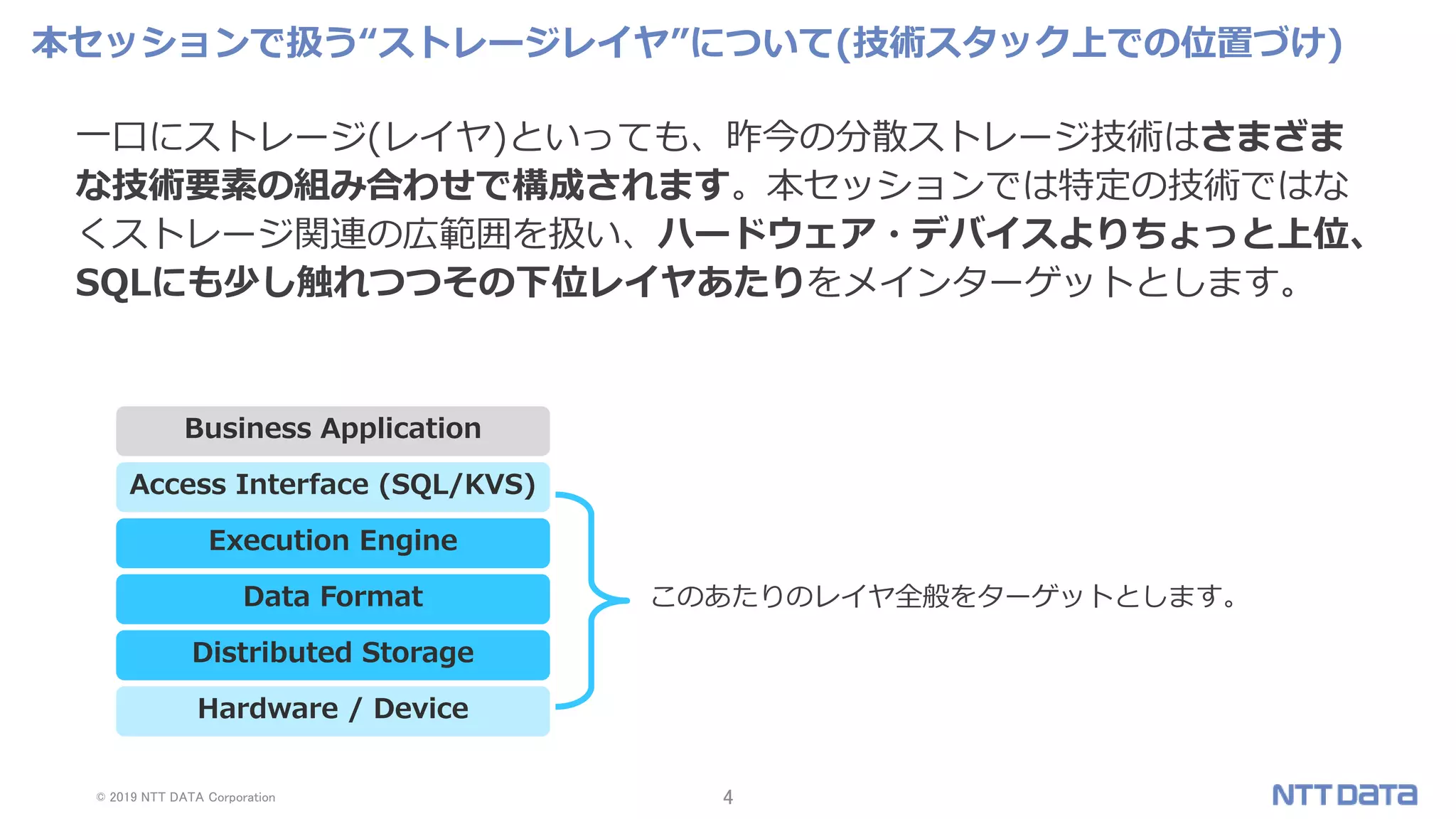 © 2019 NTT DATA Corporation 4
本セッションで扱う“ストレージレイヤ”について(技術スタック上での位置づけ)
一口にストレージ(レイヤ)といっても、昨今の分散ストレージ技術はさまざま
な技術要素の組み合わせで構成されます。本セッションでは特定の技術ではな
くストレージ関連の広範囲を扱い、ハードウェア・デバイスよりちょっと上位、
SQLにも少し触れつつその下位レイヤあたりをメインターゲットとします。
Hardware / Device
Distributed Storage
Data Format
Execution Engine
Access Interface (SQL/KVS)
Business Application
このあたりのレイヤ全般をターゲットとします。
 