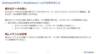 © 2019 NTT DATA Corporation 11
Hadoop(HDFS + MapReduce +α)では苦手なこと
細かなデータの扱い
巨大なデータを大きな塊で扱うアーキテクチャで、シーケンシャルリード/ライトに最適化。細
かなデータの削除や更新には不向き。
細かなファイルを大量に保存した場合、メタ情報が肥大化。マスターサーバが高負荷となる。
• 例えば同じ1PBの容量をHDFSを用意する場合…
– 全ファイル1GBで10０万ファイル … マスターサーバの観点では好ましい
– 全ファイル1KBで1兆ファイル … マスターサーバ―がメモリひっ迫で問題化する
低レイテンシな処理
高スループットで大量データのバッチ処理に向くが、ミリ秒～秒単位の処理を求められるオンラ
イン処理向けではない。
 