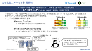 © 2019 NTT DATA Corporation 18
行指向フォーマット(CSVやSequenceFile)と比べて、効率的なエンコーディング/圧縮や、(特に分析系の
クエリに対して有効な)READ処理最適化が可能になる。
• カラム型特有の最適化手法
• Column Pruning
 出力対象の特定のカラムのみREADする
• Predicate Pushdown(PPD)
 カラム毎のメタデータ(統計情報)を駆使したREADの削減
カラム型フォーマット 超概略
このファイルには2019/1/1～
2017/6/30のデータが含まれています
2019/5/15 の情報を探してい
るので、データ1と3のReadはス
キップして良さそう。
行指向の場合 列指向の場合
特定のカラムのみ必要な場合も
一旦全てリードする必要がある。
読みたいカラムのみリードしス
キャンの削減が可能
2019/10/1 ～
2019/12/31 プログラム
… …
2017/04/01 ～
2017/06/30
PPDの動作イメージ
アドホッククエリを下支えする機能として、DWH等でも利用される技術である
カラム型フォーマットをHadoop上で利用する実装が出現
 