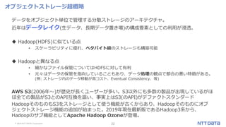 © 2019 NTT DATA Corporation 22
オブジェクトストレージ超概略
データをオブジェクト単位で管理する分散ストレージのアーキテクチャ。
近年はデータレイク(生データ、長期データ置き場)の構成要素としての利用が浸透。
 Hadoop(HDFS)に似ている点
• スケーラビリティに優れ、ペタバイト級のストレージも構築可能
 Hadoopと異なる点
• 細かなファイル保管についてはHDFSに対して有利
• 元々はデータの保管を指向していることもあり、データ処理の観点で都合の悪い特徴がある。
(例: ストレージ内のデータ移動が高コスト、Eventual Consistency、等)
AWS S3(2006年～)が歴史が長くユーザーが多い。S3以外にも多数の製品が出現しているがほ
ぼ全ての製品がS3とのAPI互換を謳い、事実上はS3(のAPI)がデファクトスタンダード
HadoopそのものもS3をストレージとして使う機能が古くからあり、Hadoopそのものにオブ
ジェクトストレージ機能の追加が始まった。2019年現在最新版であるHadoop3系から、
Hadoopのサブ機能としてApache Hadoop Ozoneが登場。
 