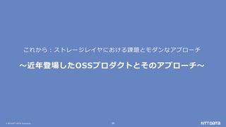© 2019 NTT DATA Corporation 35
これから：ストレージレイヤにおける課題とモダンなアプローチ
～近年登場したOSSプロダクトとそのアプローチ～
 