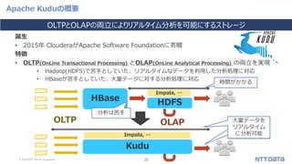 © 2019 NTT DATA Corporation 38
Apache Kuduの概要
誕生
• 2015年 ClouderaがApache Software Foundationに寄贈
特徴
• OLTP(OnLine Transactional Processing) とOLAP(OnLine Analytical Processing) の両立を実現
• Hadoop(HDFS)で苦手としていた、リアルタイムなデータを利用した分析処理に対応
• HBaseが苦手としていた、大量データに対する分析処理に対応
OLTPとOLAPの両立によりリアルタイム分析を可能にするストレージ
HBase HDFS
Kudu
OLTP OLAP 大量データを
リアルタイム
に分析可能
Impala, …
Impala, …
時間がかかる
分析は苦手
大量データを
リアルタイム
に分析可能
 