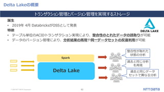 © 2019 NTT DATA Corporation 40
Delta Lakeの概要
誕生
• 2019年 4月 DatabricksがOSSとして発表
特徴
• テーブル単位のACIDトランザクション実現により、整合性のとれたデータの読取りが可能
• データのバージョン管理により、分析結果の再現や同一データセットの反復利用が可能
トランザクション管理とバージョン管理を実現するストレージ
Delta Lake
整合性が取れた
状態の分析
過去と同じ分析
を再現
過去と同じデータ
セットで異なる分析
Spark
 