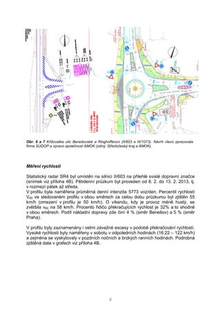 8
Obr. 6 a 7 Křižovatka ulic Benešovské a Ringhofferovi (II/603 a III/1073). Návrh vlevo zpracovala
firma SUDOP a vpravo společnost AMOK (zdroj: Středočeský kraj a AMOK).
Měření rychlostí
Statistický radar SR4 byl umístěn na silnici II/603 na přilehlé svislé dopravní značce
(snímek viz příloha 4B). Pětidenní průzkum byl proveden od 8. 2. do 13. 2. 2013, tj.
v rozmezí pátek až středa.
V profilu byla naměřena průměrná denní intenzita 5773 voz/den. Percentil rychlostí
V85 ve sledovaném profilu v obou směrech za celou dobu průzkumu byl zjištěn 55
km/h (omezení v profilu je 50 km/h). O víkendu, kdy je provoz méně hustý, se
zvětšila v85 na 58 km/h. Procento řidičů překračujících rychlost je 32% a to shodně
v obou směrech. Podíl nákladní dopravy zde činí 4 % (směr Benešov) a 5 % (směr
Praha).
V profilu byly zaznamenány i velmi závažné excesy v podobě překračování rychlostí.
Vysoké rychlosti byly naměřeny v sobotu v odpoledních hodinách (16:22 – 122 km/h)
a zejména se vyskytovaly v pozdních nočních a brzkých ranních hodinách. Podrobná
zjištěná data v grafech viz příloha 4B.
 