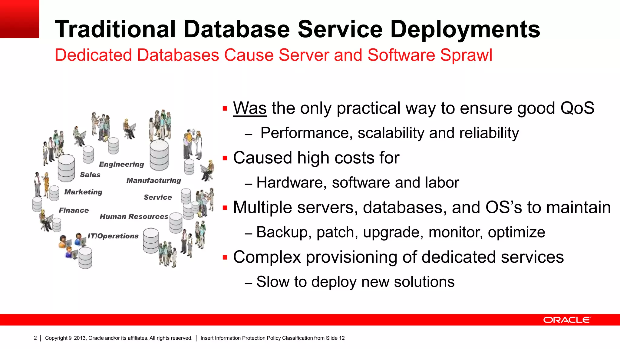 Traditional Database Service Deployments
Dedicated Databases Cause Server and Software Sprawl
 Was the only practical way to ensure good QoS
– Performance, scalability and reliability
Engineering
Sales

Manufacturing

Marketing
Finance

Service

Human Resources

IT/Operations

 Caused high costs for
‒ Hardware, software and labor

 Multiple servers, databases, and OS’s to maintain
‒ Backup, patch, upgrade, monitor, optimize

 Complex provisioning of dedicated services
‒ Slow to deploy new solutions

2

Copyright © 2013, Oracle and/or its affiliates. All rights reserved.

Insert Information Protection Policy Classification from Slide 12

 