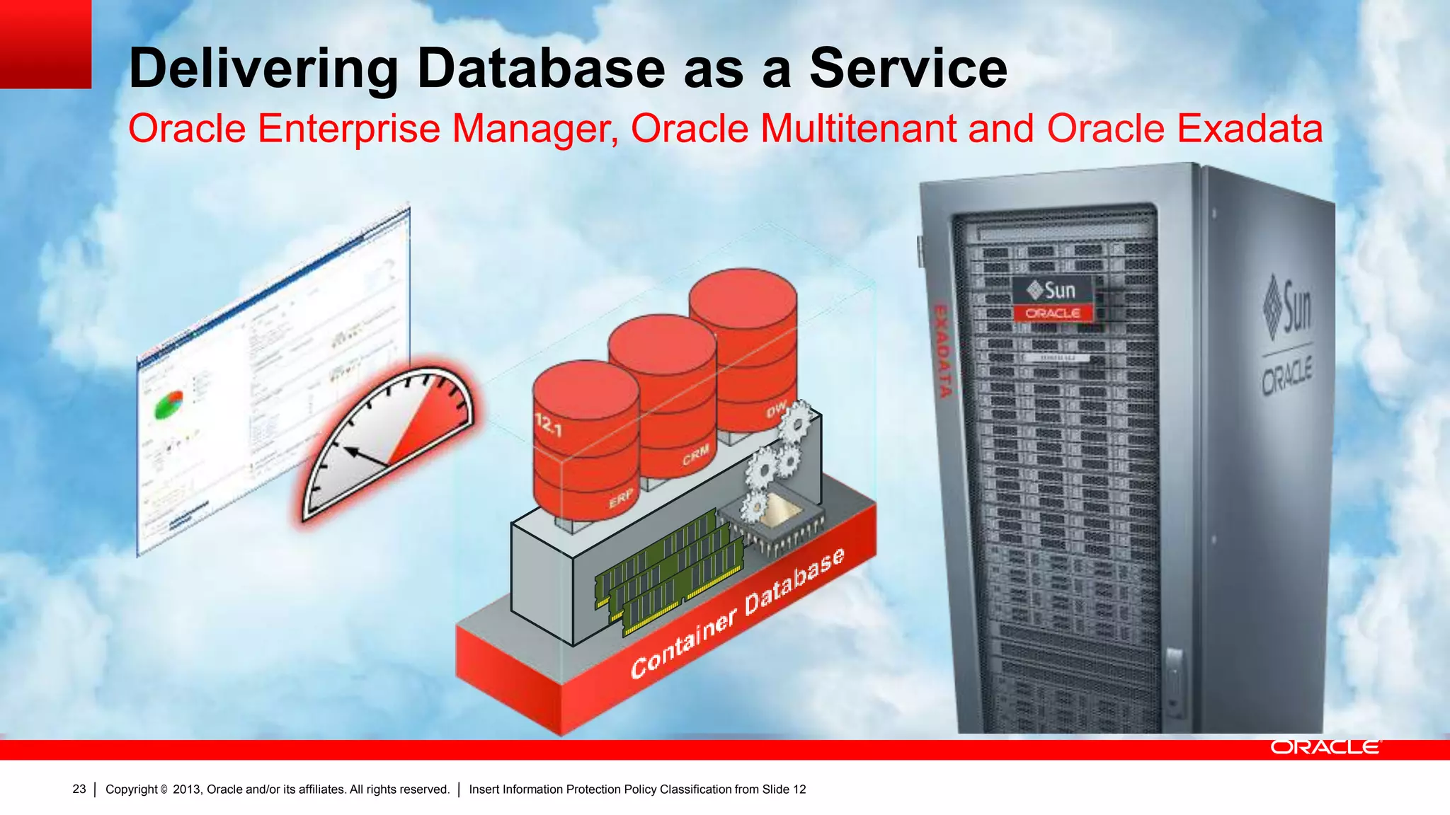 Delivering Database as a Service
Oracle Enterprise Manager, Oracle Multitenant and Oracle Exadata

23

Copyright © 2013, Oracle and/or its affiliates. All rights reserved.

Insert Information Protection Policy Classification from Slide 12

 