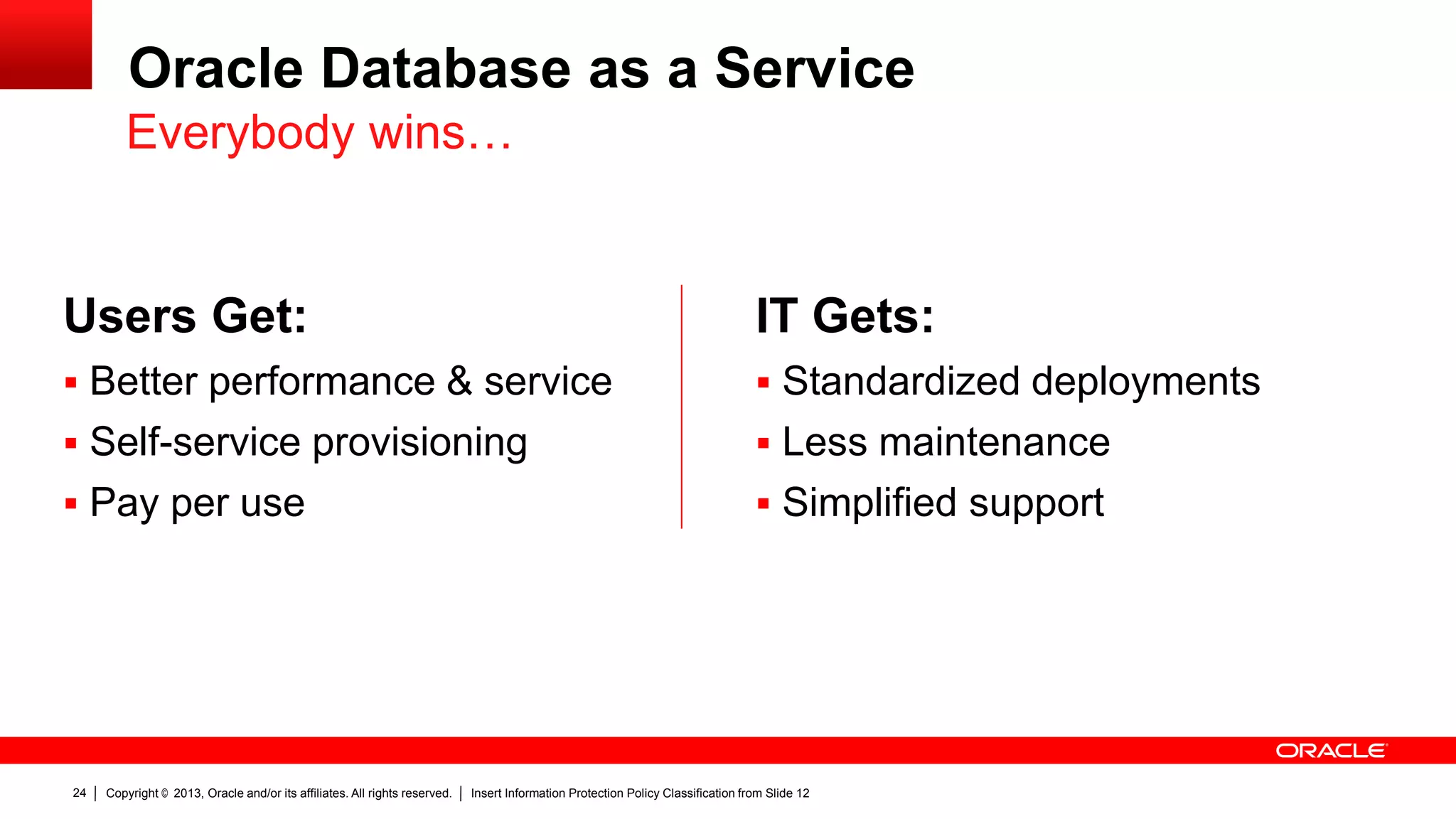 Oracle Database as a Service
Everybody wins…

Users Get:

IT Gets:

 Better performance & service

 Standardized deployments

 Self-service provisioning

 Less maintenance

 Pay per use

 Simplified support

24

Copyright © 2013, Oracle and/or its affiliates. All rights reserved.

Insert Information Protection Policy Classification from Slide 12

 