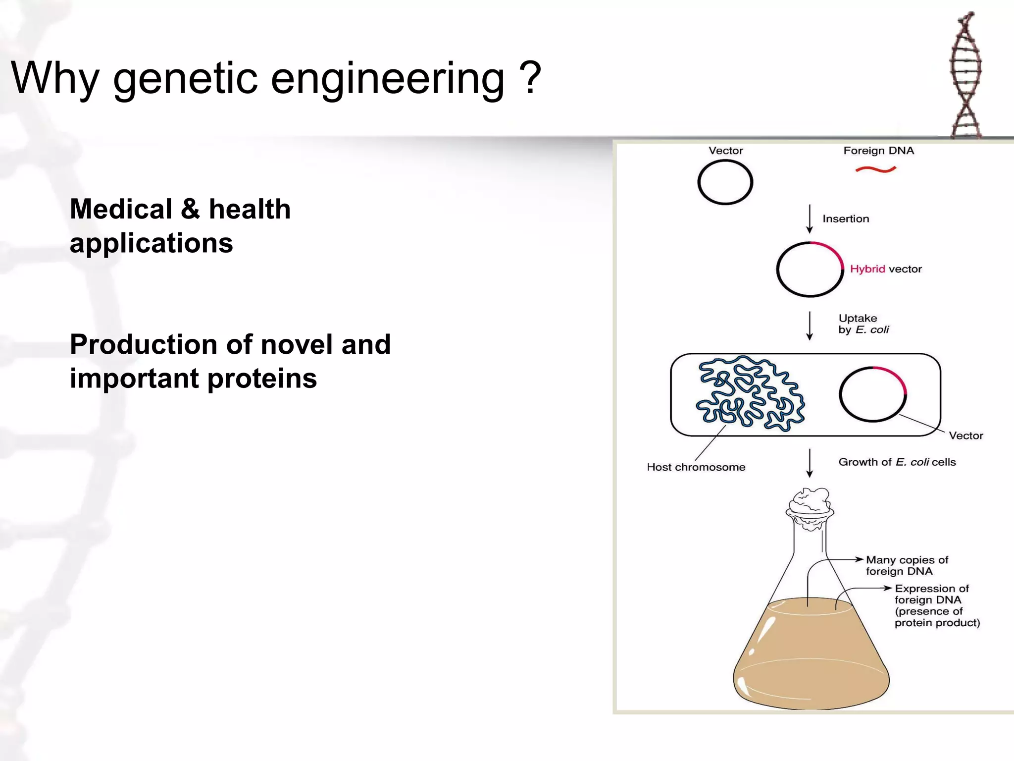 Why genetic engineering ?
Medical & health
applications

Production of novel and
important proteins

 