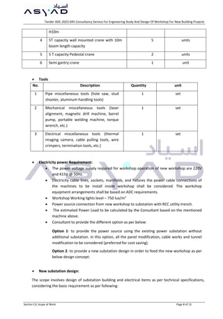 Tender ADC-2023-045 Consultancy Service For Engineering Study And Design Of Workshop For New Building Projects
Section C4, Scope of Work Page 8 of 13
H10m
4 5T capacity wall mounted crane with 10m
boom length capacity
5 units
5 5 T capacity Pedestal crane 2 units
6 Semi gantry crane 1 unit
 Tools
No. Description Quantity unit
1 Pipe miscellaneous tools (hole saw, stud
shooter, aluminum handling tools)
1 set
2 Mechanical miscellaneous tools (laser
alignment, magnetic drill machine, barrel
pump, portable welding machine, torque
wrench, etc.)
1 set
3 Electrical miscellaneous tools (thermal
imaging camera, cable pulling tools, wire
crimpers, termination tools, etc.)
1 set
 Electricity power Requirement:
 The power voltage supply required for workshop operation of new workshop are 220V
and 415V @ 50Hz.
 Electricity cable lines, sockets, manifolds, and fixtures the power cable connections of
the machines to be install inside workshop shall be considered. The workshop
equipment arrangements shall be based on ADC requirements.
 Workshop Working lights level – 750 lux/m2
 Power source connection from new workshop to substation with RCC utility trench.
 The estimated Power Load to be calculated by the Consultant based on the mentioned
machine above.
 Consultant to provide the different option as per below:
Option 1: to provide the power source using the existing power substation without
additional substation. in this option, all the panel modification, cable works and tunnel
modification to be considered (preferred for cost saving).
Option 2: to provide a new substation design in order to feed the new workshop as per
below design concept:
 New substation design:
The scope involves design of substation building and electrical items as per technical specifications,
considering the basic requirement as per following:
 