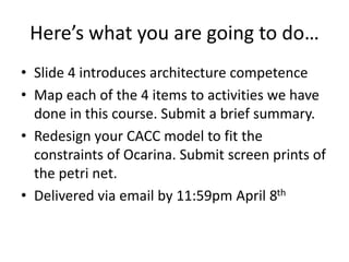 Here’s what you are going to do…
• Slide 4 introduces architecture competence
• Map each of the 4 items to activities we have
done in this course. Submit a brief summary.
• Redesign your CACC model to fit the
constraints of Ocarina. Submit screen prints of
the petri net.
• Delivered via email by 11:59pm April 8th
 