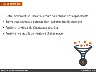 EN CONCLUSION

• Définir clairement les unités de mesure pour chacun des départements
• Suivre attentivement le parcours d’un lead entre les départements
• Améliorer la vitesse de réponse aux requêtes
• Améliorer les taux de conversion à chaque étape

€
C4020 - Le Plan d’Actions Commerciales

© Alex Panican 2013

 