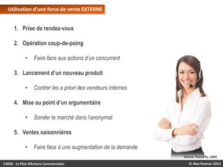 Utilisation d’une force de vente EXTERNE

1. Prise de rendez-vous

2. Opération coup-de-poing
•

Faire face aux actions d’un concurrent

3. Lancement d’un nouveau produit
•

Contrer les a priori des vendeurs internes

4. Mise au point d’un argumentaire
•

Sonder le marché dans l’anonymat

5. Ventes saisonnières
•

Faire face à une augmentation de la demande
Source: Pascal Py, 2009

C4020 - Le Plan d’Actions Commerciales

© Alex Panican 2013

 