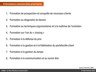 8 formations commerciales prioritaires

1. Formation de prospection et conquête de nouveaux clients
2. Formation au diagnostic du besoin

3. Formation au techniques argumentaires et à la maîtrise de l’entretien
4. Formation sur l’art du « closing »

5. Formation à la défense du prix
6. Formation à la gestion et à la fidélisation du portefeuille client

7. Formation à la gestion du temps
8. Formation à la communication et au savoir être

Source: Pascal Py, 2009

C4020 - Le Plan d’Actions Commerciales

© Alex Panican 2013

 