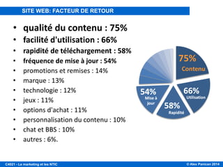 © Alex Panican 2014C4021 - Le marketing et les NTIC
• qualité du contenu : 75%
• facilité d'utilisation : 66%
• rapidité de téléchargement : 58%
• fréquence de mise à jour : 54%
• promotions et remises : 14%
• marque : 13%
• technologie : 12%
• jeux : 11%
• options d'achat : 11%
• personnalisation du contenu : 10%
• chat et BBS : 10%
• autres : 6%.
SITE WEB: FACTEUR DE RETOUR
 